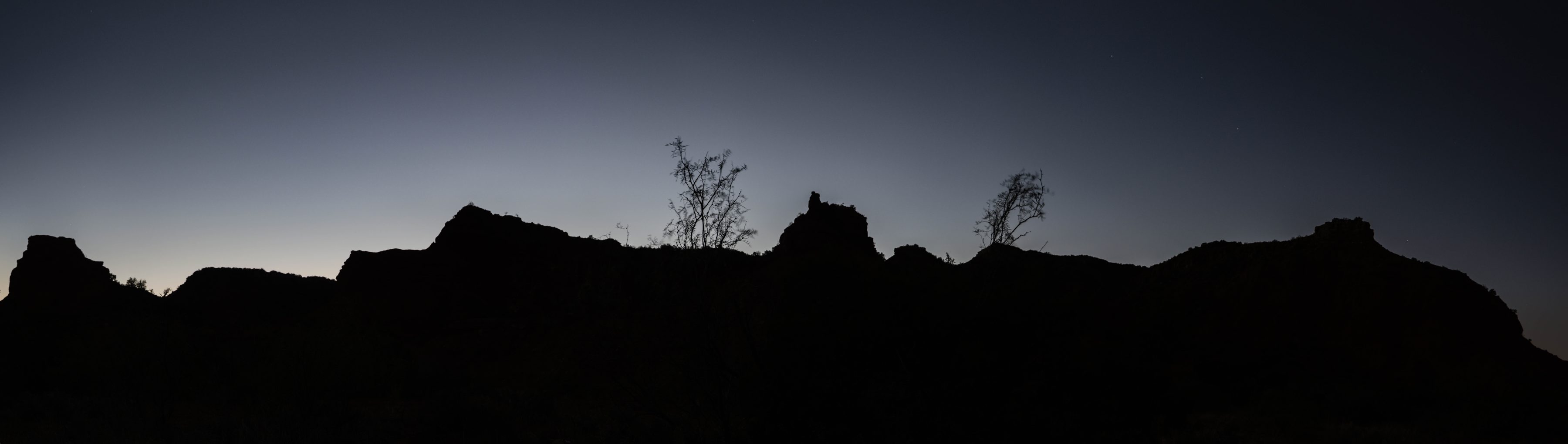 Siluetas negras de las crestas del cañón al anochecer, con dos árboles sin hojas contra un cielo azul oscuro.