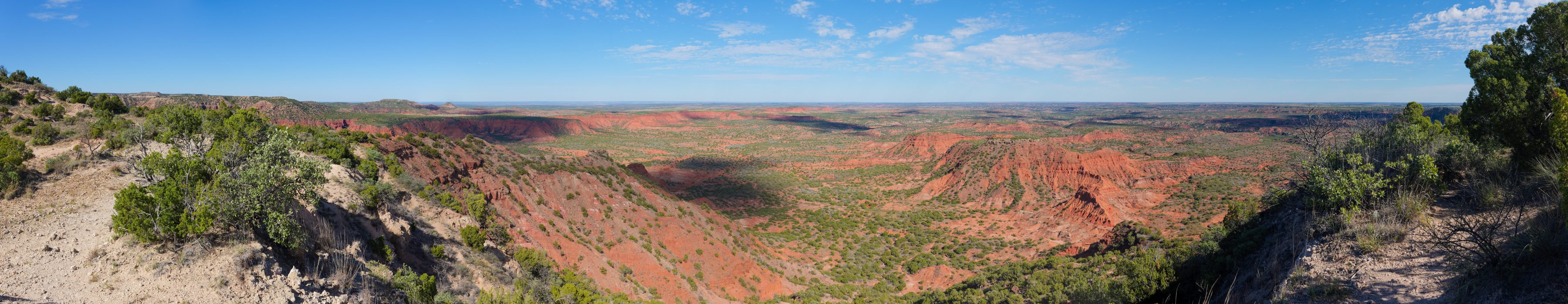 Panorámica desde el borde del cañón, con paredes de roca roja y vegetación verde que se extienden hasta el horizonte bajo un cielo azul.